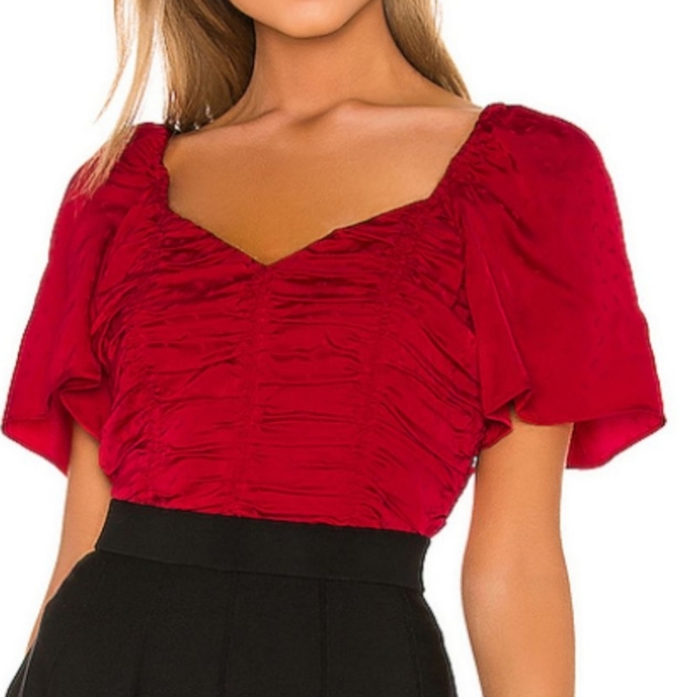 Red Flutter Sleeve Crop Top Ruched Revolve - image 1